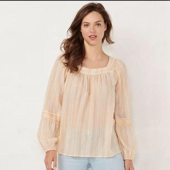LC Lauren Conrad Shirred Peasant Top Peach White Size XL - Picture 1 of 11